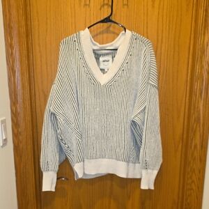 aerie V-Neck Ribbed Sweater in Ivory and Green Stripe